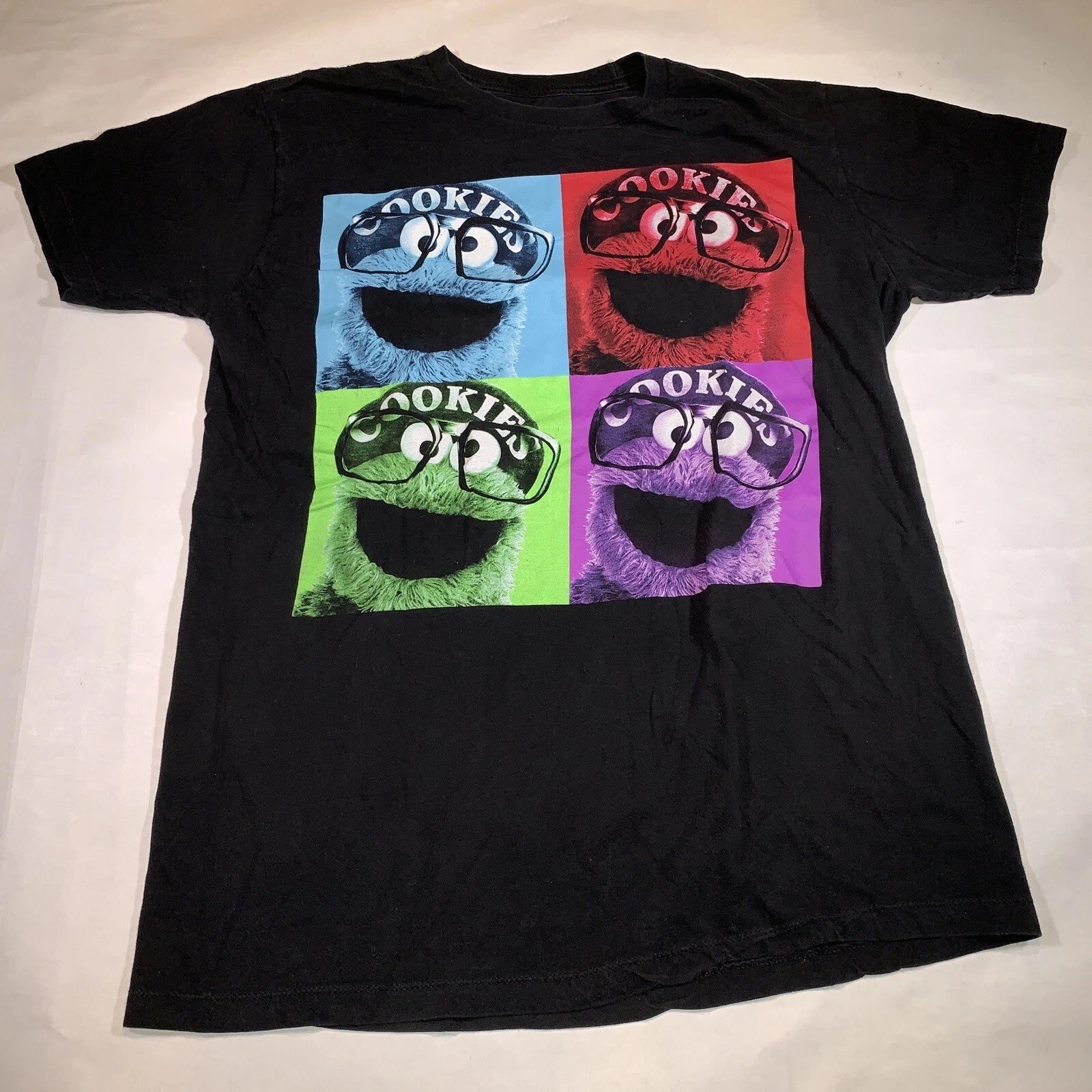 Black Pattern T-shirt, Sesame Street Biscuit Monster Pattern Sesame Street Character Fan Commemorative Gift Men's Daily Dressing