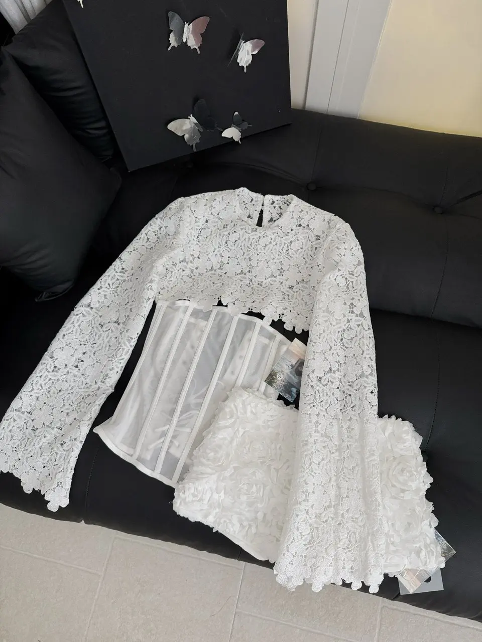 Spring 3D Flower Shorts Suit Women Long Sleeves Tops+Fish Bone Lace Up Top+high Waist Slim Zipper Shorts Female Three Piece Set view 6