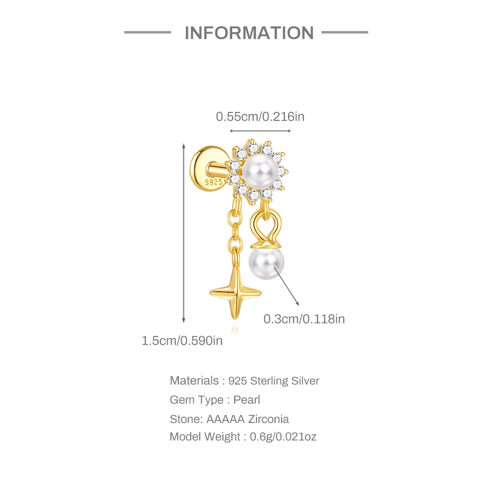 CANNER 1PC Six Pointed Star Flat Head Puncture 925 Sterling Silver Stud Earring For Women Ins Tassel Sunflower Pearl Earring