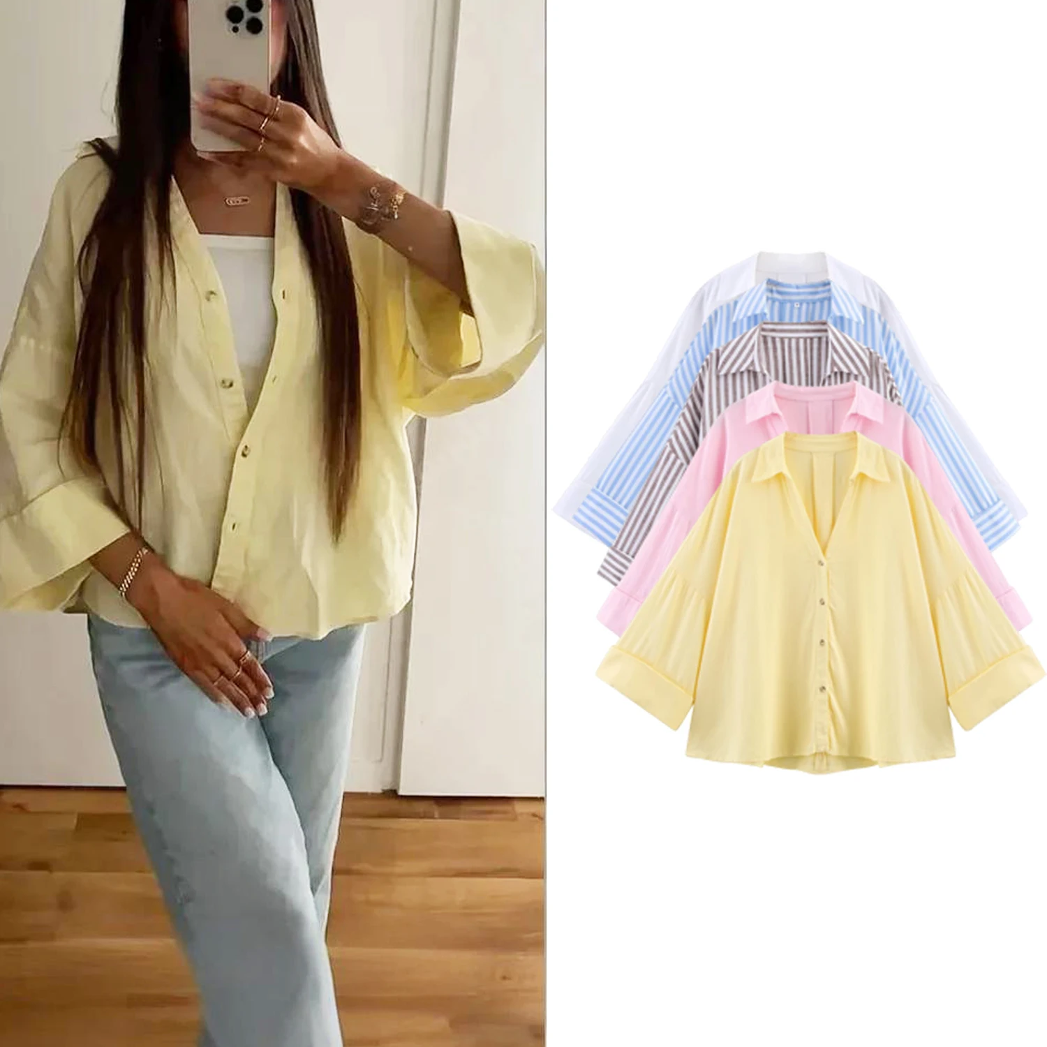 Chemises rayées oversize pour femmes, chemises décontractées de printemps pour femmes, chemisiers chics à manches larges, hauts unis à simple boutonnage pour femmes