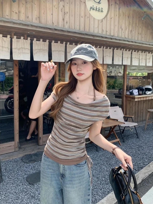 Summer New Style Women's Slim Fit Short Sleeve T-Shirt Hanging Neck One Shoulder Stripe Color Collision Casual Breathable Top