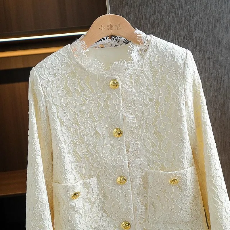 Spring Autumn French lace coat women 2024 new fashion loose casual tops temperament elegant button pure colour jacket female