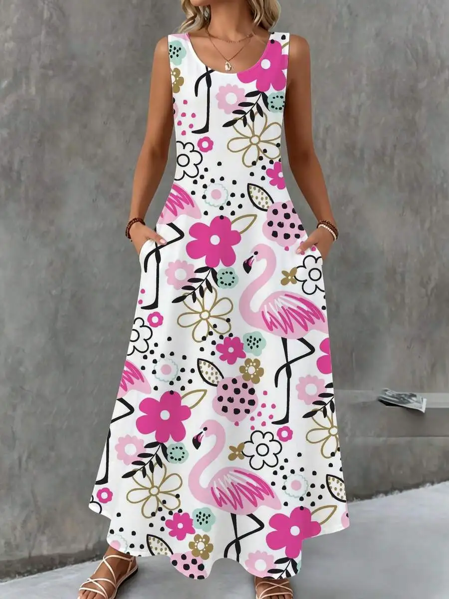 

Floral Print Sleeveless Maxi Dress White Pink Flamingo Summer Beach Casual Women