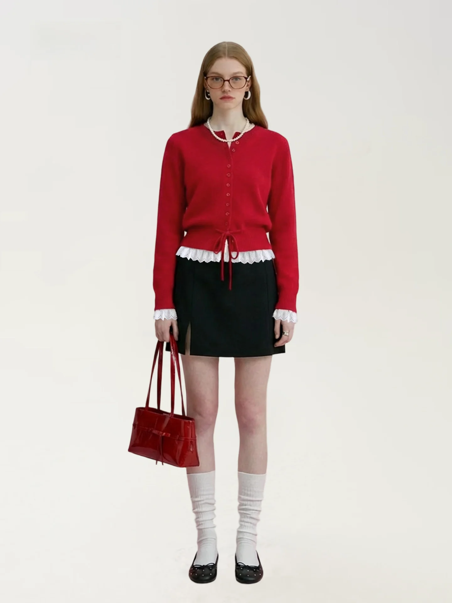 

Кардиган AHMI с красной кружевной отделкой, вязаный, открытый, женский, модный, 2026, новый, повседневный, свободного кроя, из мягкой нейлоново-шерстяной смеси, с длинными рукавами