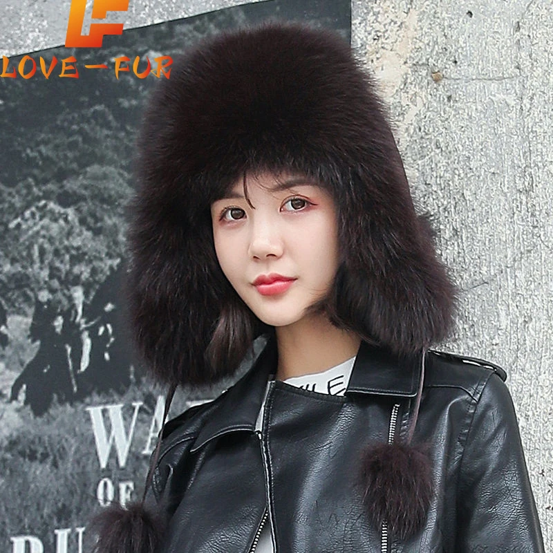 

Women Natural Raccoon Fur Caps Lady Real Fox Fur Cap Pompon Ushanka Hats for Winter Thick Warm Ears Fashion Bomber Pom Pom Hat