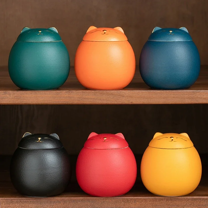 230ML Tea Storage Jar Cute Pets Gradient Color Ceramics Jar Cat Tea Can Moisture Proof Household for Candy Sealed Storage Box