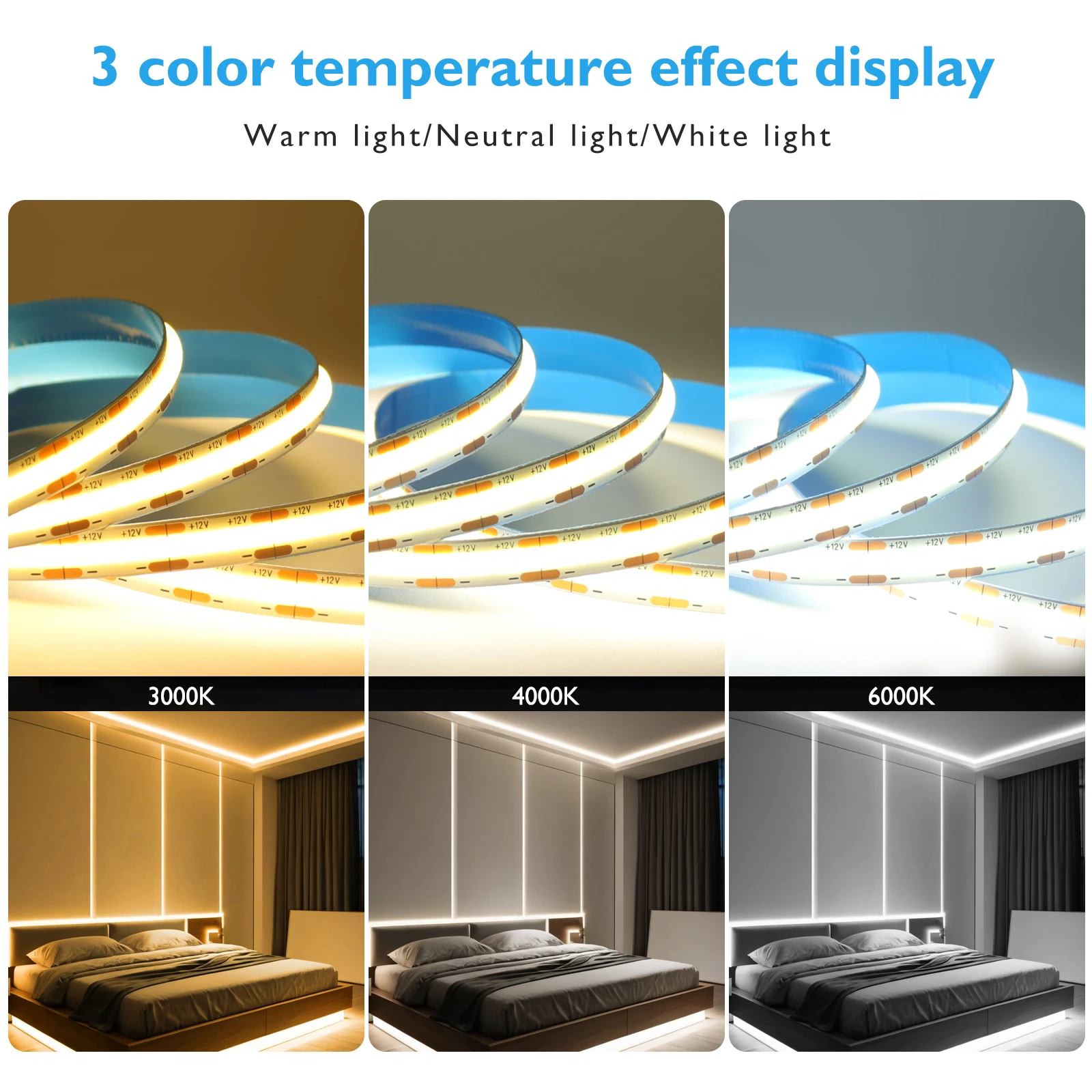 DC 12V 24V 528LEDs/M COB Streifen EU US Kit mit Netzteil Warm/Naturweiß IP20 Flexibles Bandseil LED-Licht 0,5M 5M 10M