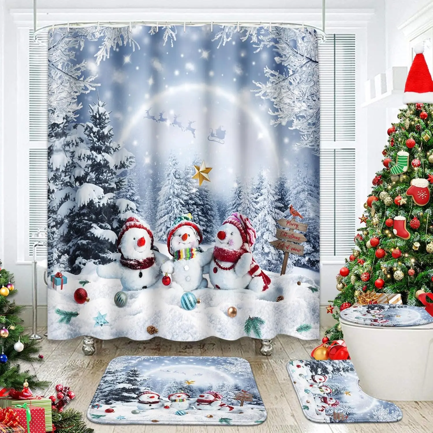 

4PCS Winter Snow Bathroom Set with Shower Curtain and Rugs and Accessories, Snowman Snowflakes, Reindeer Snowscape Shower