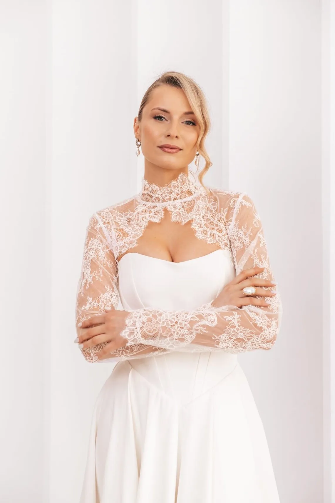 Customized Lace Wedding Boleros Full Sleeves High Neck Bride Shrug Women Special Occasion Bridal Jacket image 6