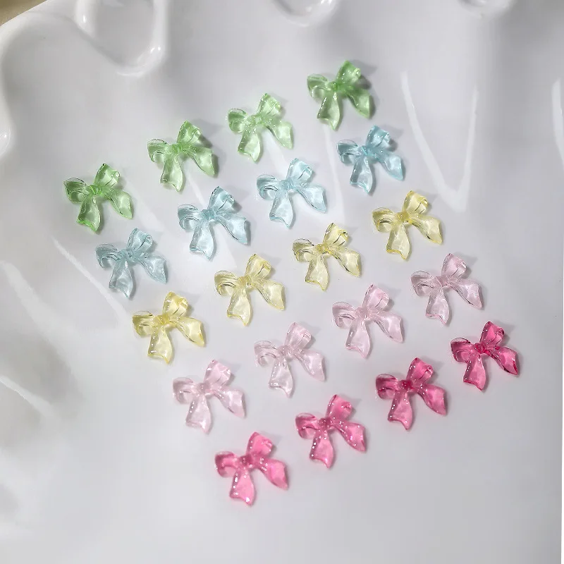 100pcs Jelly  Ribbon Bowknot Nail Charms 3D Resin Clear Pink Bow Nail Accessories Exquisite Fairy DIY Manicure Kawaii Rhinestone