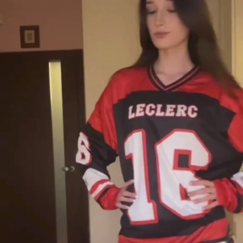 

Women's Plus Size Casual Minimalist Charles Leclerc Jersey Ferrari Red American Letter Print Round Neck Short Sleeved Shirt