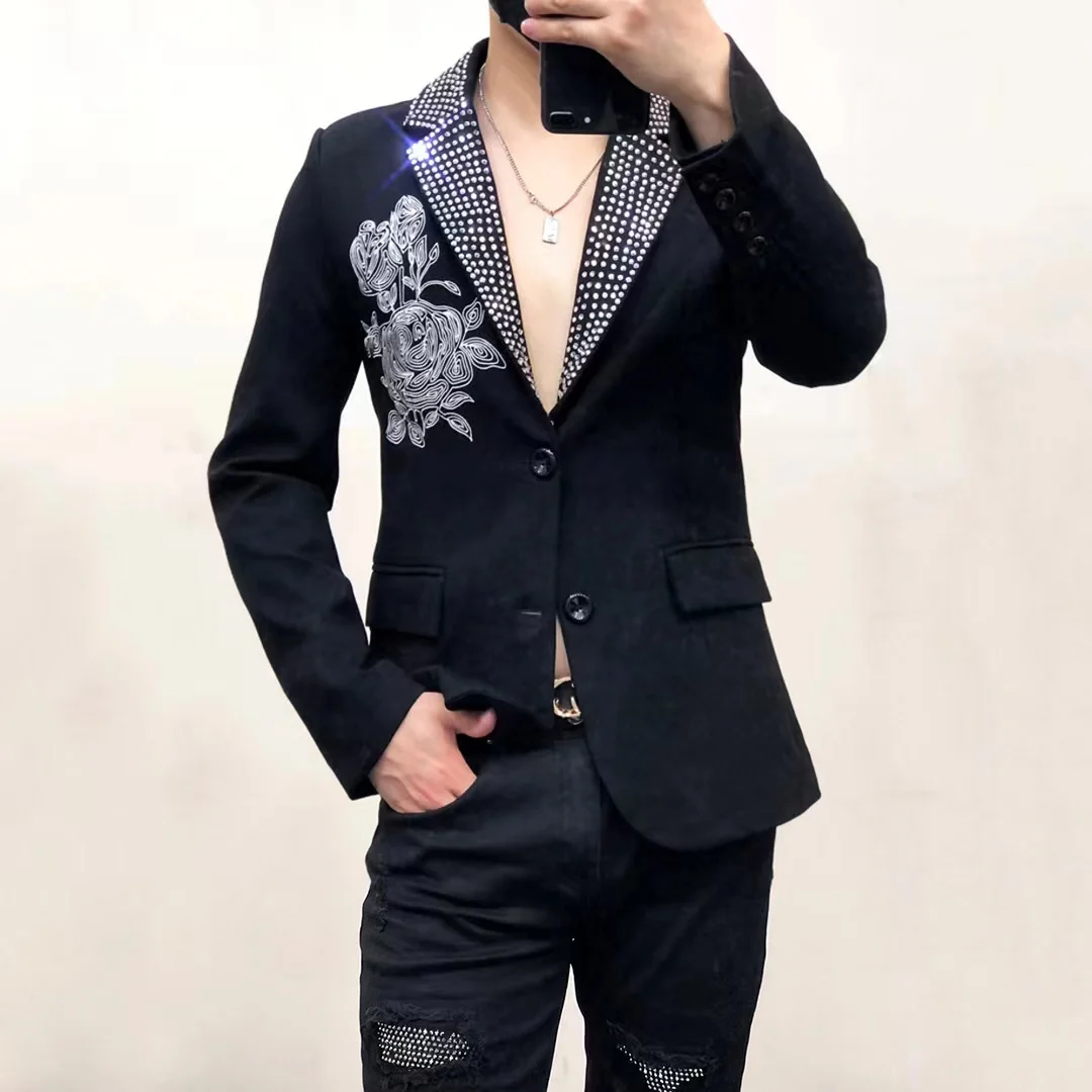 High Quality Men\'s Shining Rhinestones Roses Embroidery Blazer Banquet Party Tuxedo Bar Male Singer Star Concert Coat Costume