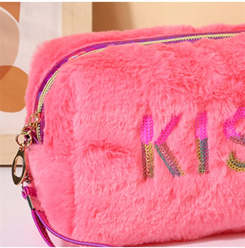 Cute Plush Cosmetic Lipstick Storage Bag Pencil Case Women Girls Makeup Handbags Toiletry Kit Wallet Organizer Pouch Pen Bag Box