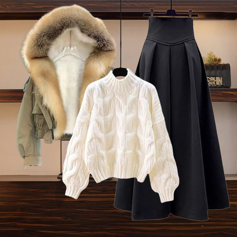 

Thiened Fce Hooded Cotton Jaet Women's Autumn Winter New Sle Lazy Knitted Sweater High Waist Skirt Matching