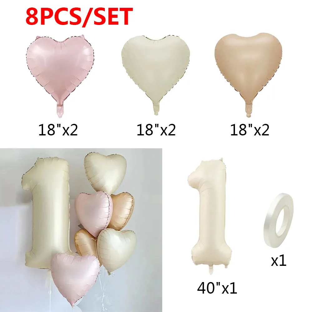 크림 컬러 하트 호일 풍선 세트, 숫자 풍선, 생일 파티 장식, 어린이 소녀 소년, 1, 2, 3, 4, 5, 6, 7, 8, 9, 40 인치, 8 개