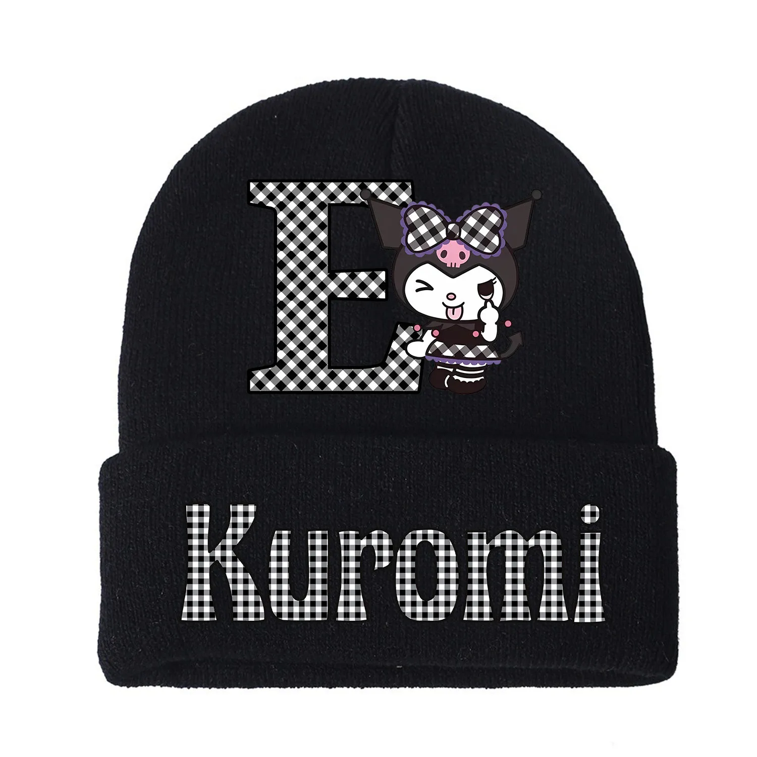 Kuromi Knitted Hat for Children A-Z Letters Cartoon Beanies Cap Winter Kids Street Hats Outdoor Warm Knitted Cap Black Hats Gift