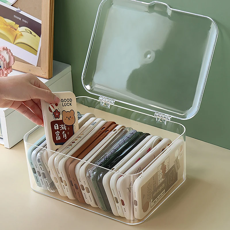 

Acrylic Sundries Storage Basket Phone Case Holder Ins Transparent Phone Case Organizer Storage Box with Cover Home Desktop