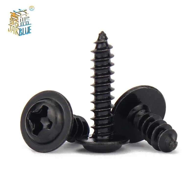 100pcs/lot Black Self-tapping Screw Pan Head PWA Cross Round Head With Washer Cushion M1.4 M1.7 M2 M2.3 M2.6 M3 M3.5 M4