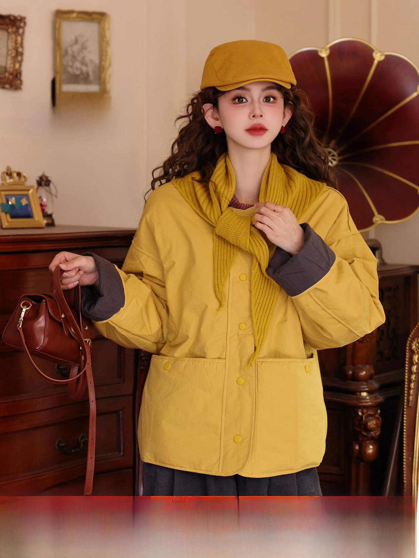

Autumn Le Fce Yellow Women's Cotton Jaet Winter Outerwear Coat with Scarf Retro Sle Loose Fit Long Sve round Ne
