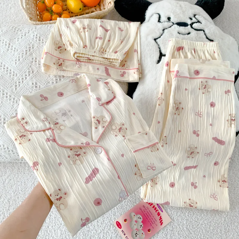 

Female Short Sleeve Lapel Cartoon Bear Print Homewear Women Summer Thin Pajamas Three-piece Set Comfortable Leisure Sleepwear