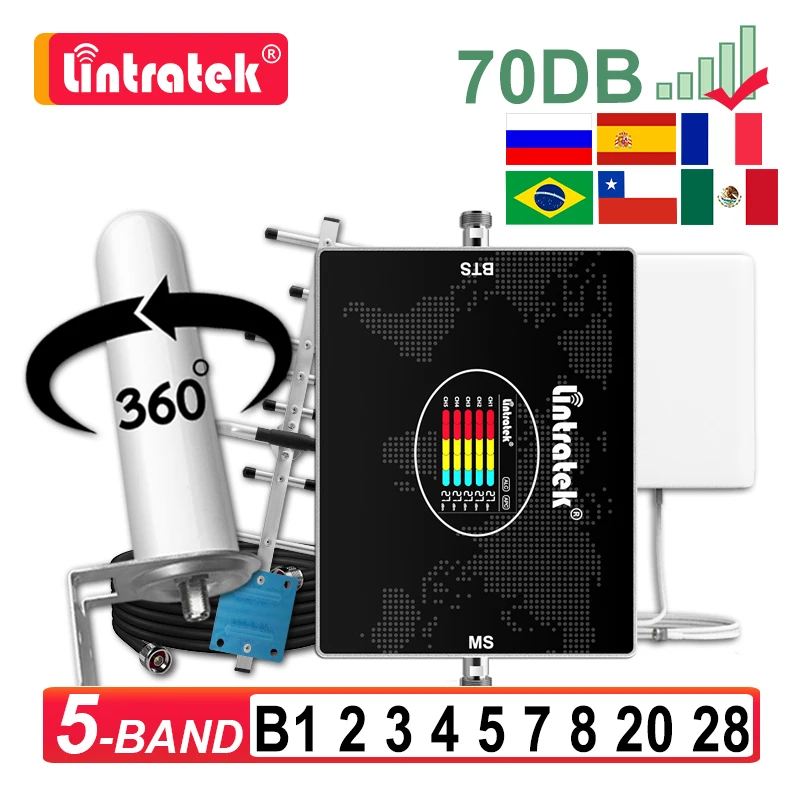 Lintratek 5 Band Cellular Amplifier 2G 3G 4G LTE Repeater B28 700 850 800 900 1800 2100 2600 Mhz Mobile Network Signal Booster