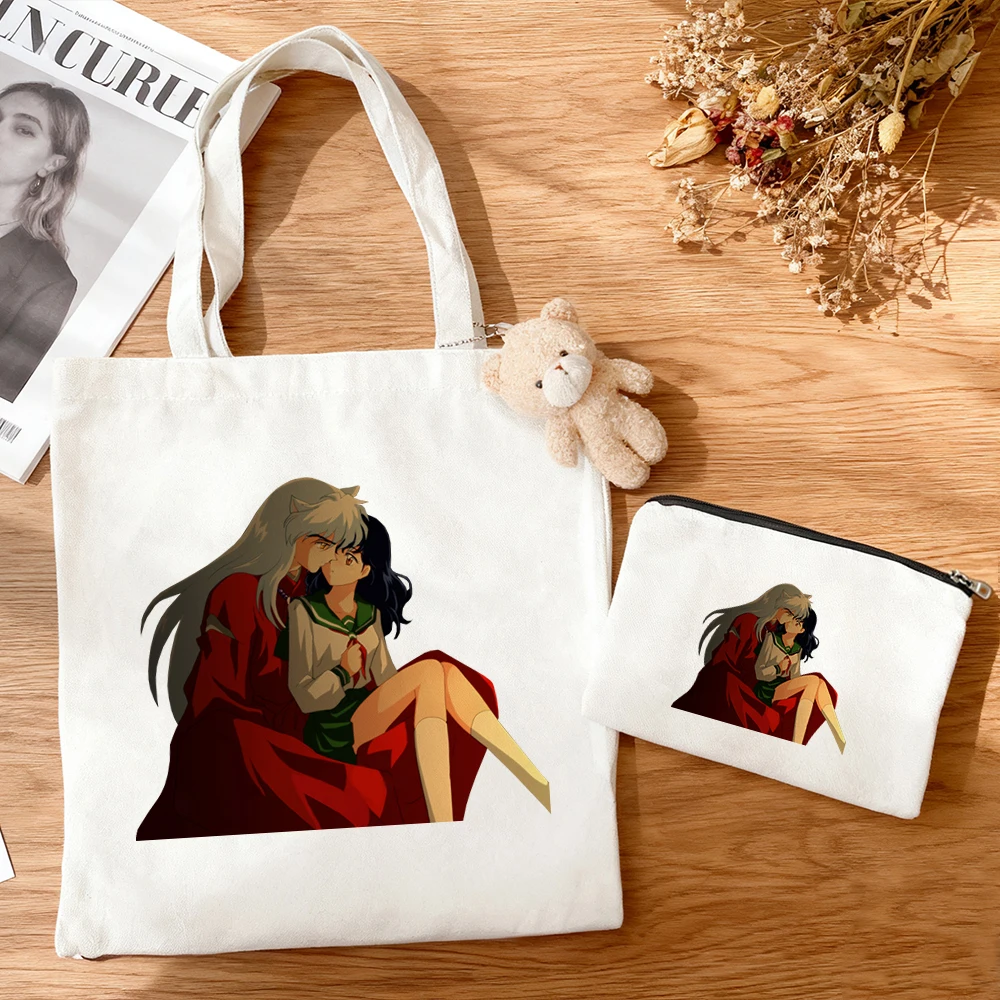 3pcs/set Inuyasha Canvas Tote Bag Anime Couple Character Print Eco Cotton Reusable Shopping Bag Otaku Daily Shoulder Handbag view 5