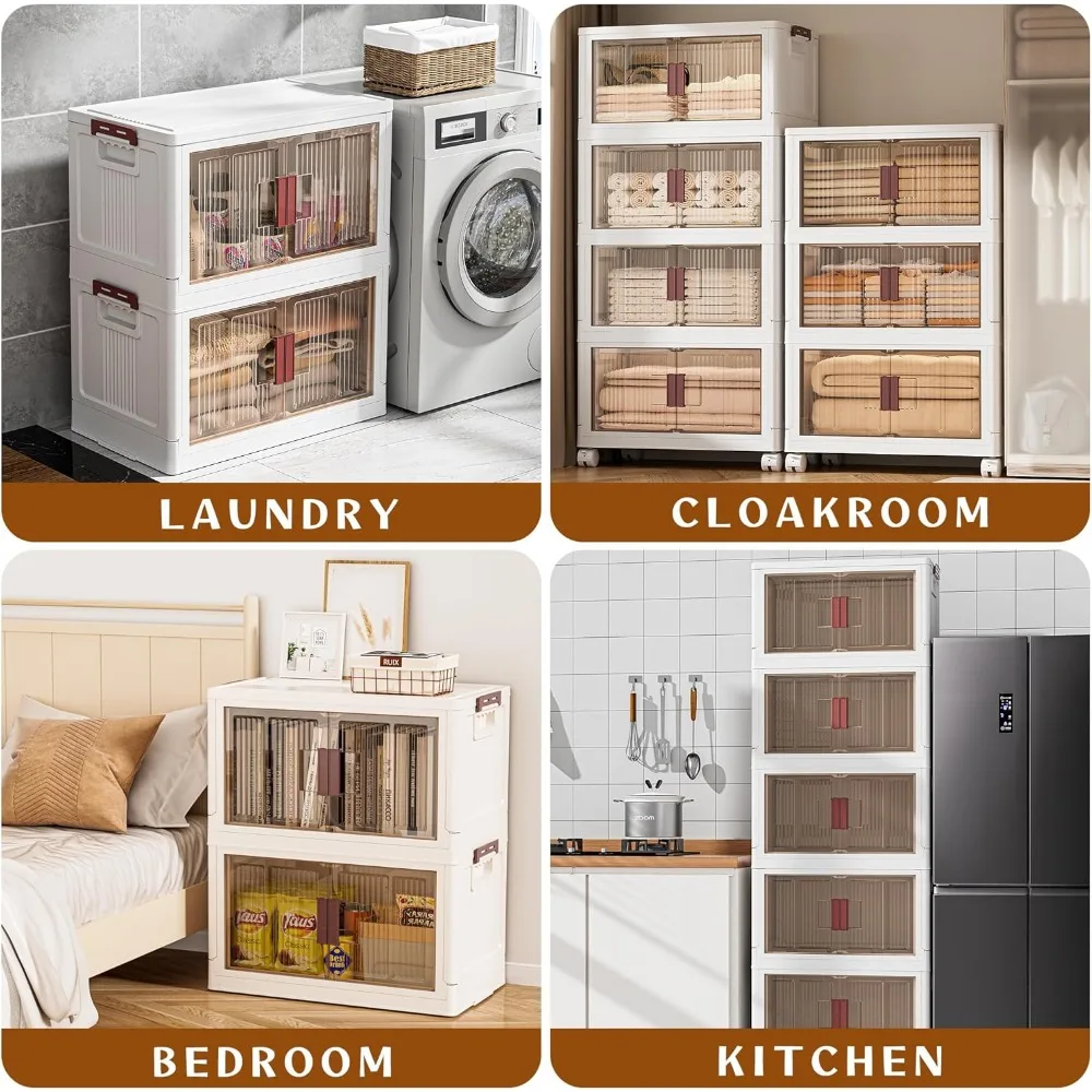 صناديق تخزين بلاستيكية كبيرة قابلة للتكديس مكونة من 3 طبقات مع أغطية وعجلات وأبواب، مثالية لتخزين الملابس