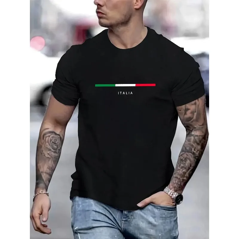 Men's casual sports loose short-sleeved T-shirt with ITALIA letter print, comfortable round neck, for spring and summer