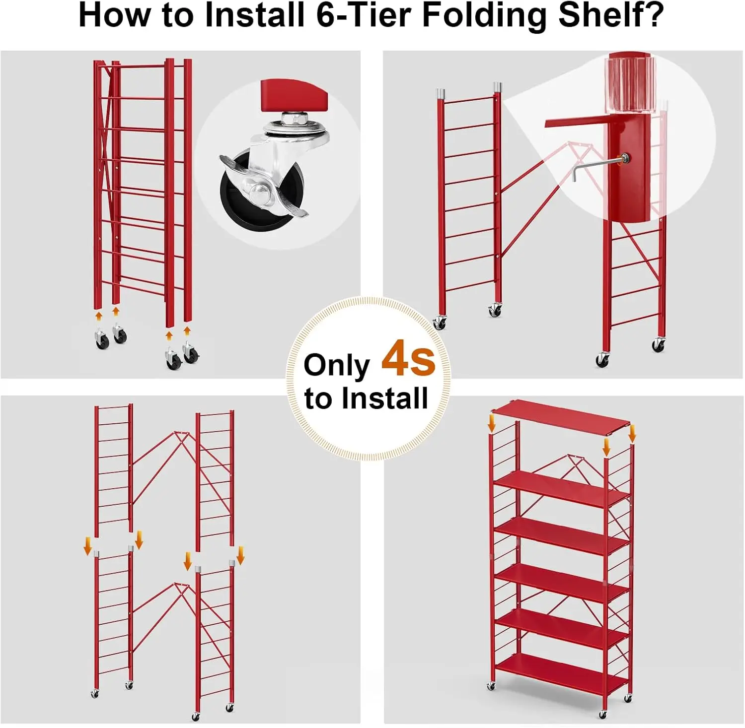 رف تخزين قابل للطي مكون من 6 أرفف، أرفف معدنية قابلة للتعديل بعجلات، قابلة للتغيير إلى وحدتين