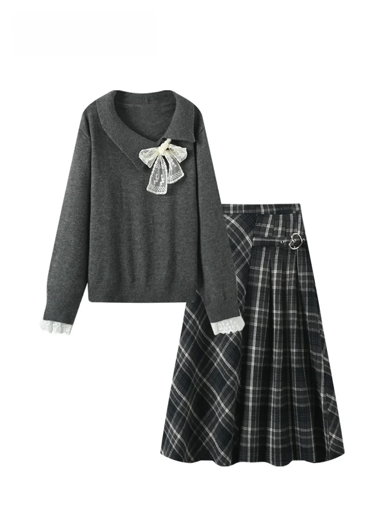 

plus Size Knitted Top And Skirt Set Women's Long Sve College Sle Lazy Faion plus Size Sister Spring Autumn Ensemble