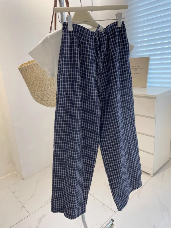 Senhoras xadrez calças de perna larga cintura alta corte reto solto calças casuais confortável dstring elástico emagrecimento calças compridas