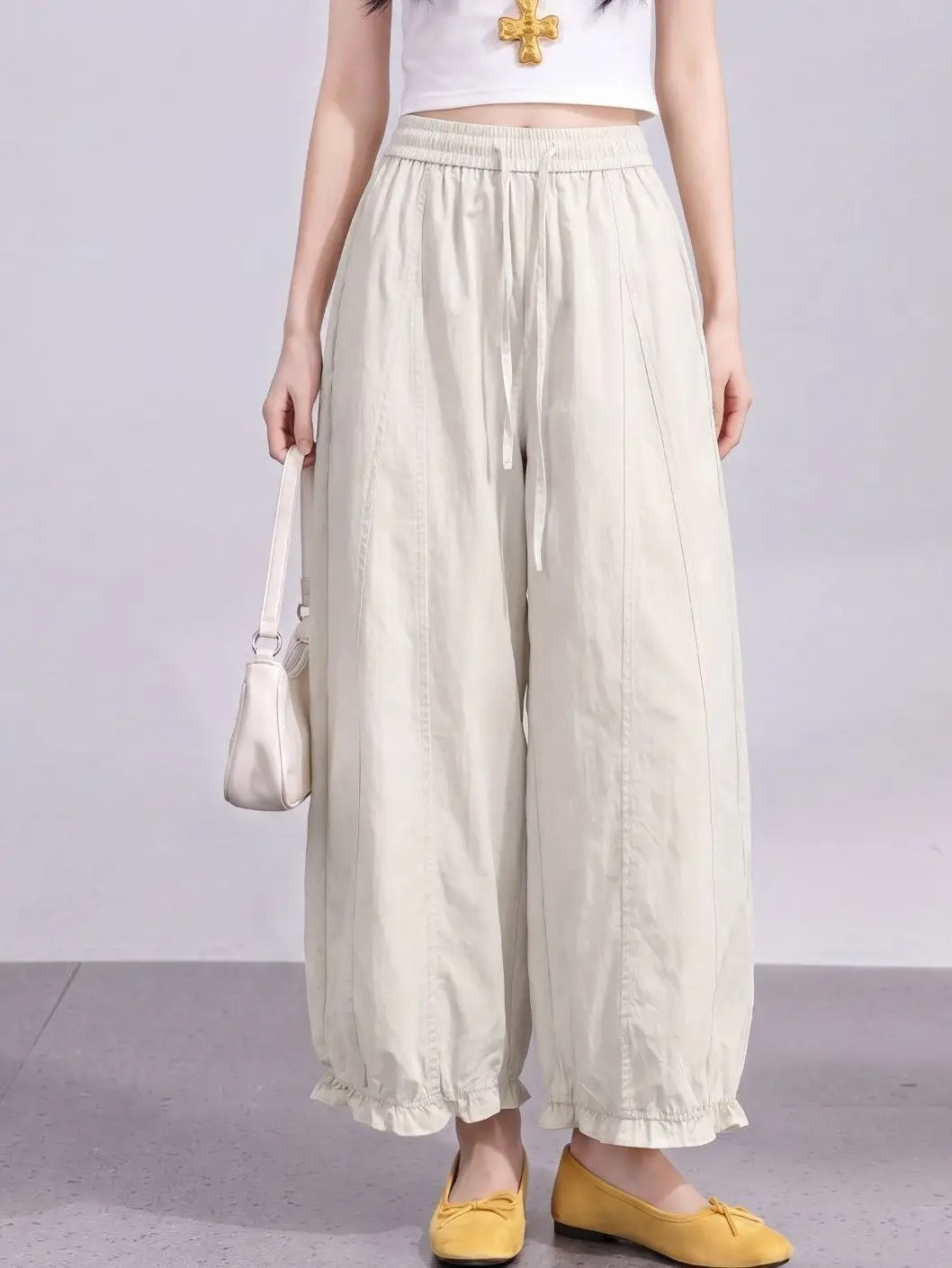 Casual Loose Lantern Pants High Waist Nine Points Dopaamine Splicing Summer Drawstring Women's Popular Casual Trousers