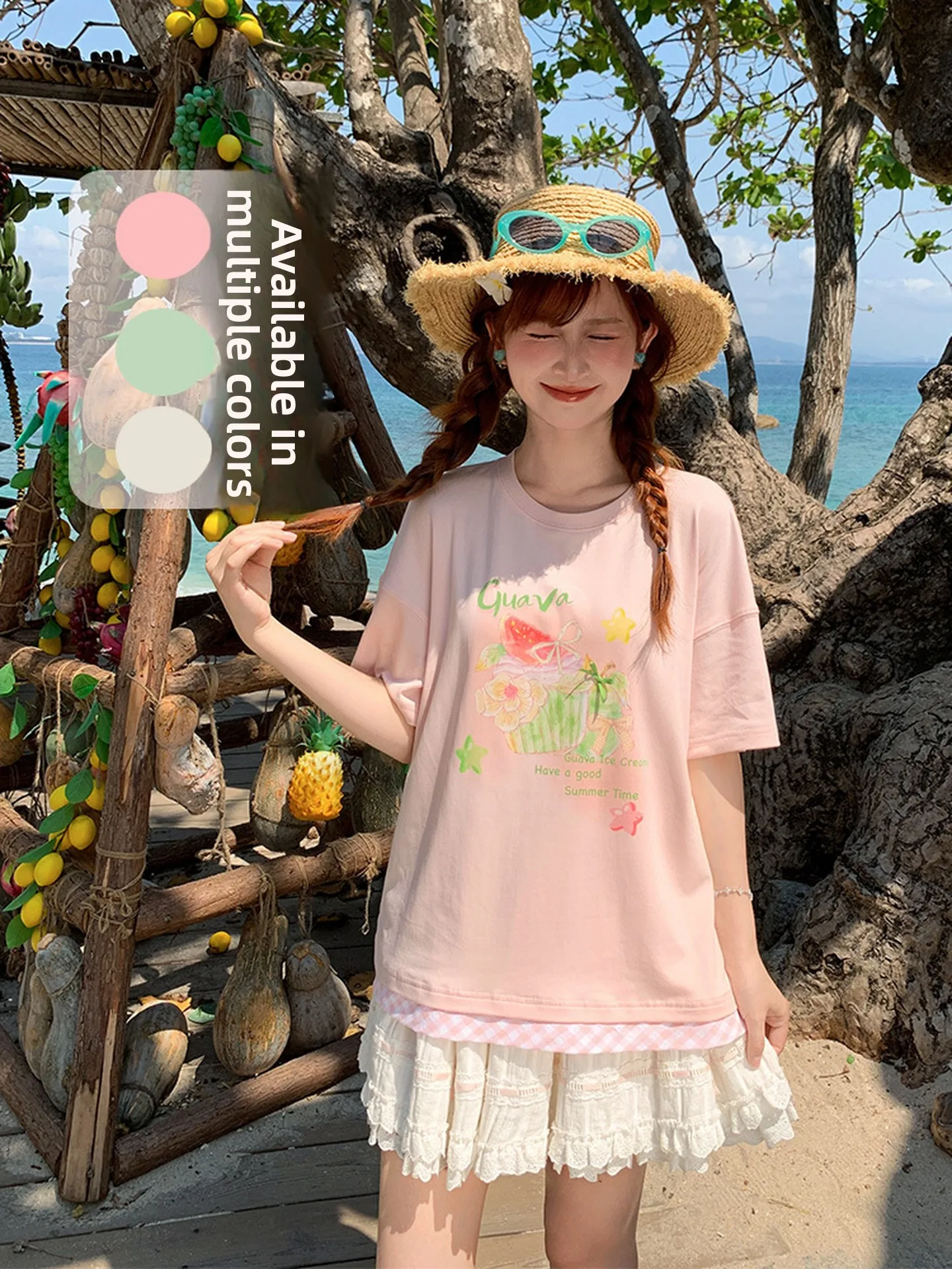 

Sweet Style Short Sleeve T-Shirt Women's Lychee Color Block Design Holiday round Neck Loose Top Summer Casual Sweet Series