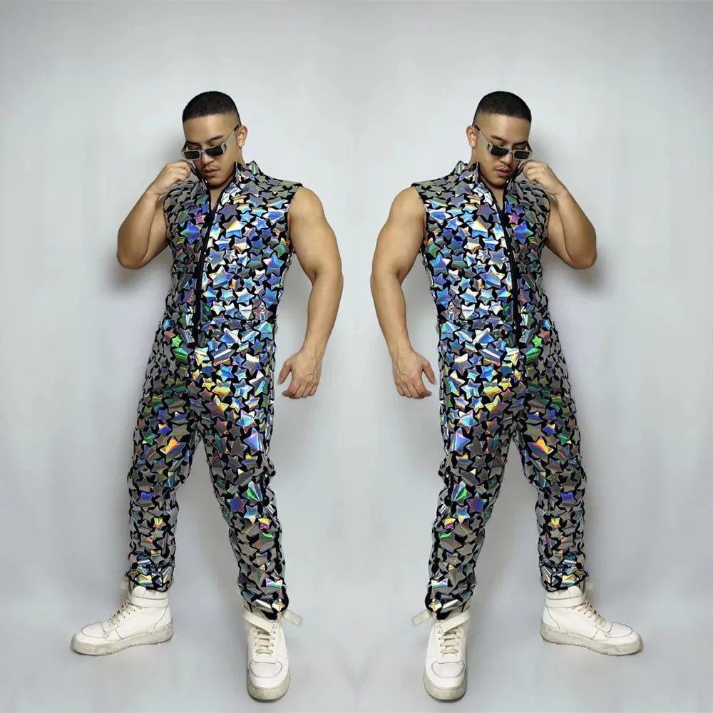 

Reflective Laser Sequins Sleeveless Jumpsuit Mirror Overalls Men Singer Bar Nightclub Hip Hop Dance Costume Sexy DJ Stage Wear