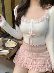 Japanese Kawaii Lolita Two Piece Set Women Summer Sweet Cute Cake Skirt Suit Female Lace Elegant Blouse + Korean Mini Skirt 2023