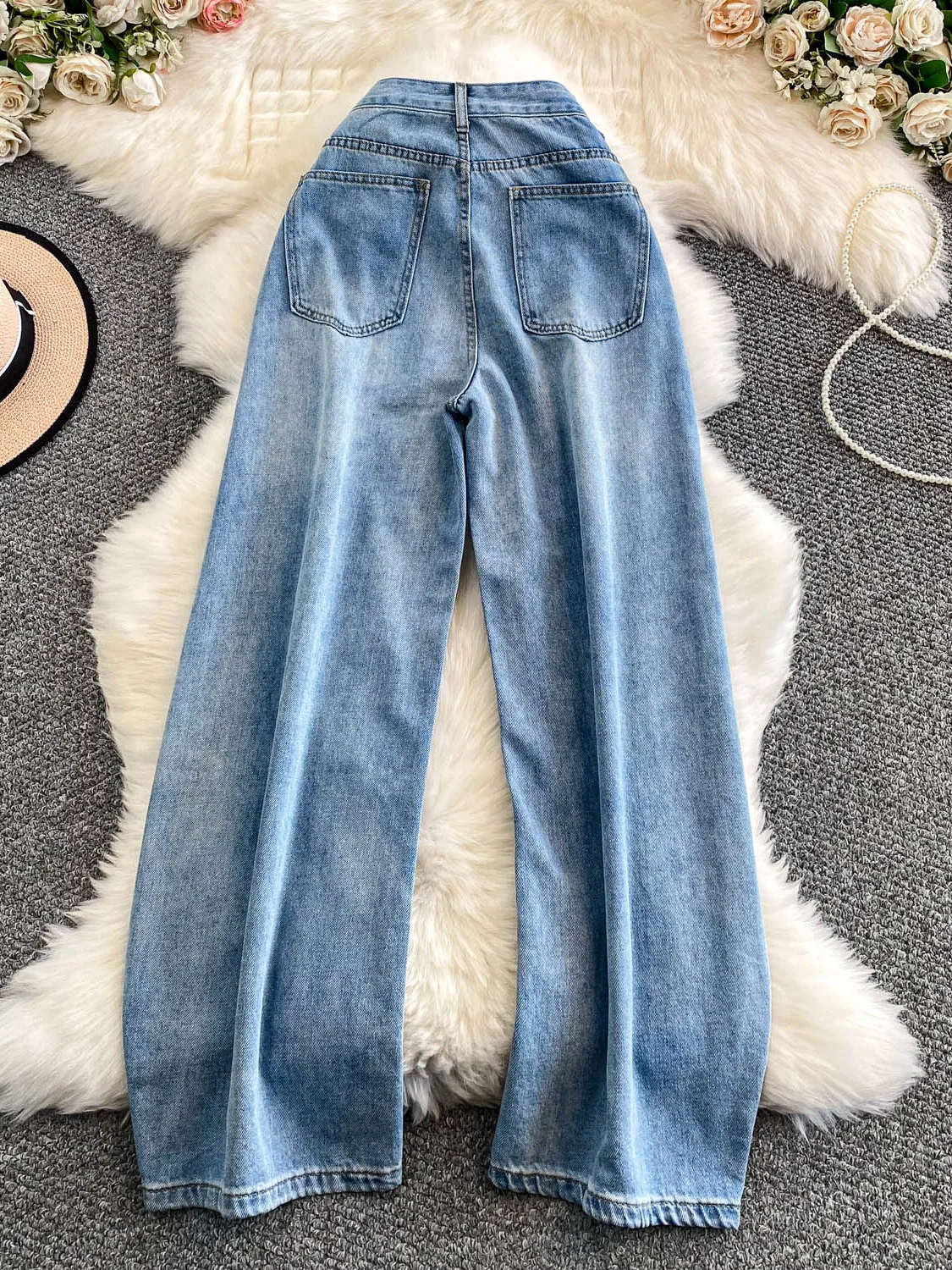 Retro American Waed Blue Jeans Pantaloni a gamba larga Donna Autunno Inverno Casual Allentato Dimagrante Piano-lunghezza Jeans a gamba dritta