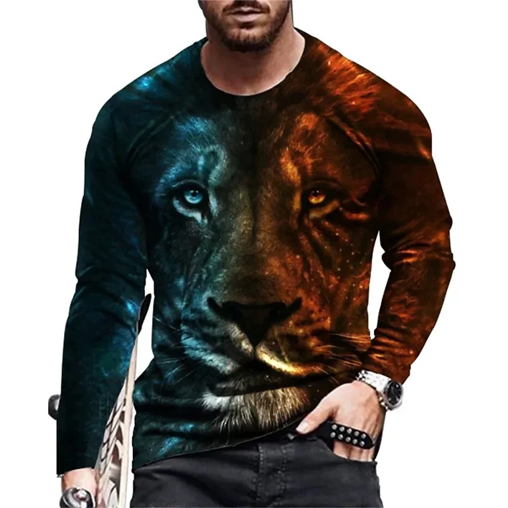 Vintage Animal Lion 3d Print Summer Men\'s Round Neck T-shirt Casual Long Sleeve Oversized T Shirt Fashion Pullover Men Clothing