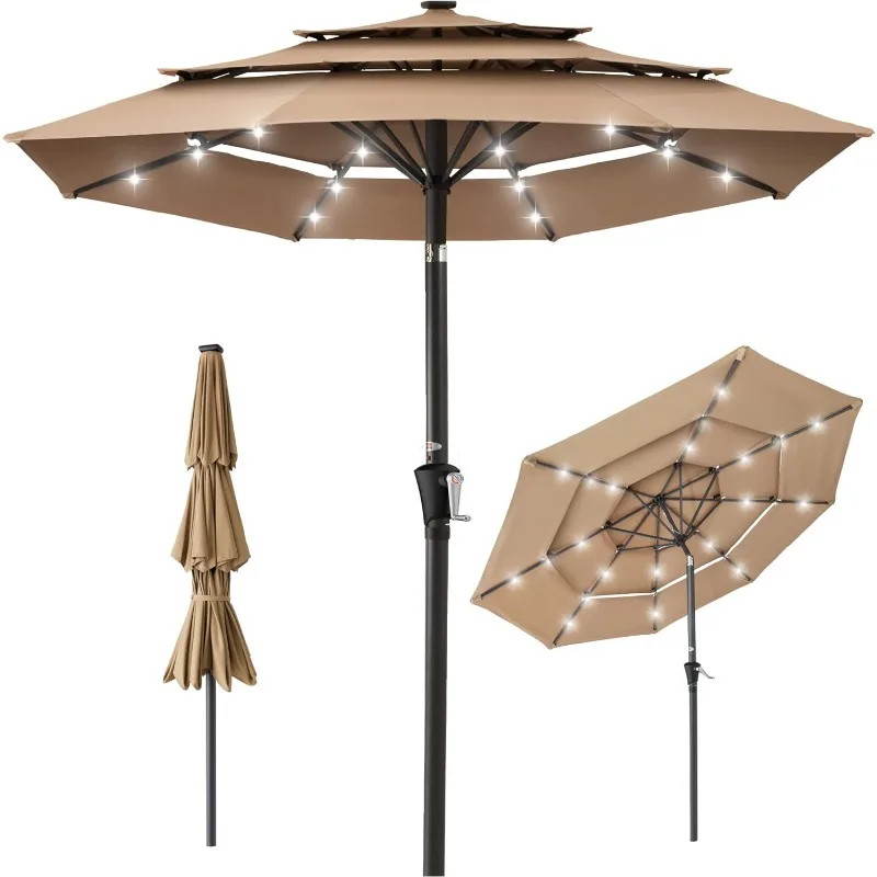 

10ft 3-Tier Solar Patio Umbrella, Outdoor Market Sun Shade for Backyard, Deck, Poolside w/ 24 LED Lights, Tilt Adjustment