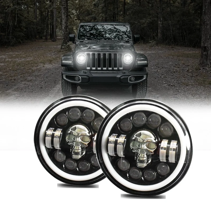 

Skull Round LED Headlight,7Inch LED Head Light Lamp Offroad Light Angle Eyes For Jeep Wrangler JK TJ LJ CJ Hummber H1 H2 Parts