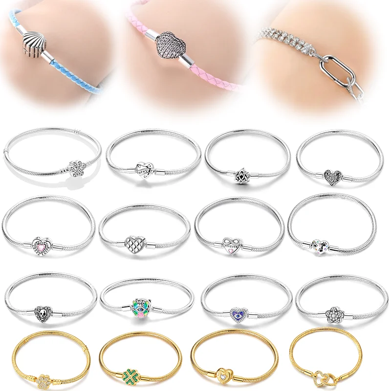 Silber 925 Original 17-20CM Armband Herz Pfote Stern Zirkon Armbänder Passend für Charms DIY Geburtstag Jubiläum Schmuck Geschenk für Frauen
