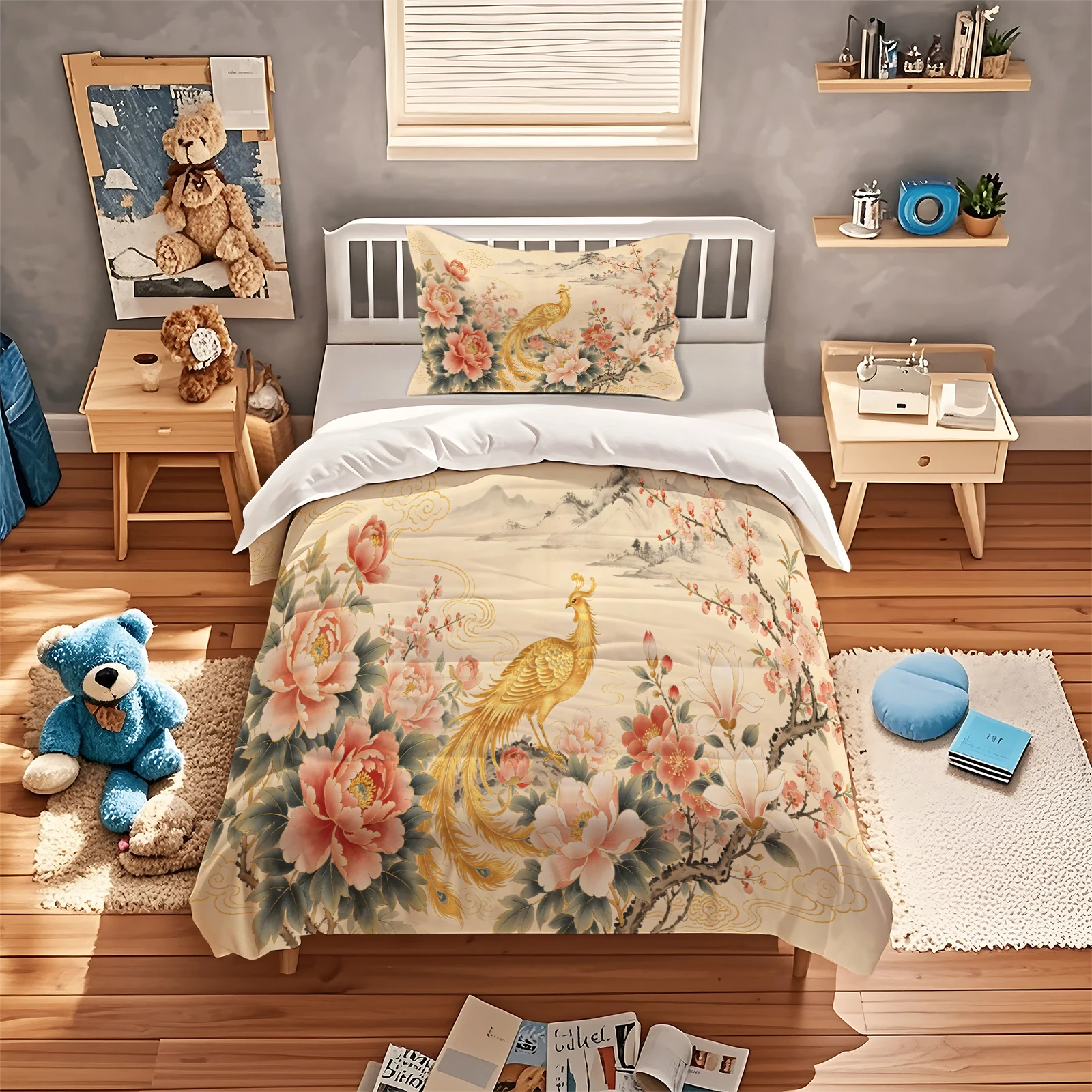 Chinese Style Golden Peacock Peony Floral Duvet Cover Set Vintage Ink Wash Landscape Bedding Set Soft Polyester Quilt Cover