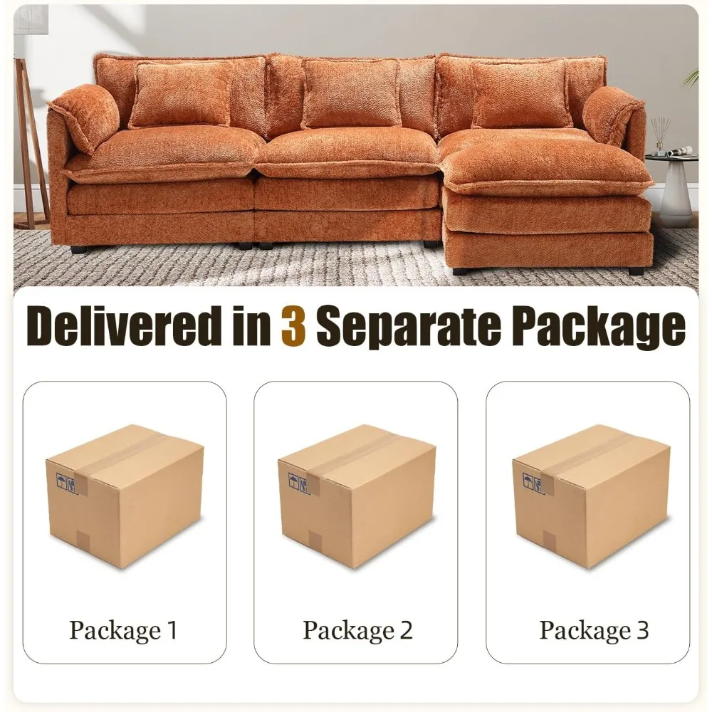 l-shape sectional sofa, 112" cloud couch with chenille upholstery, removable ottoman, and 3 pillows for living room comfort