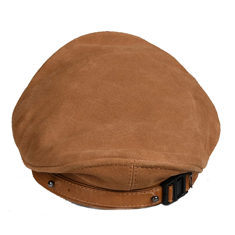 Men‘s Fashion Hat Winter Men Motorcycle Short Brim Flat Top Suede Leather Hat Patchwork German Military Marine Captain Gorra