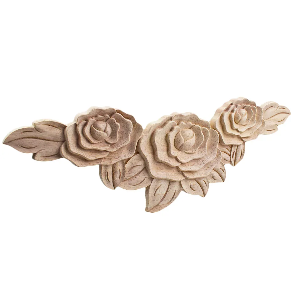 2PCS Unpainted Miniatures Carved Leaves Floral Oval Flower Rubber Wood Corner Window Cabinet Wooden Decal Onlay Wood Applique