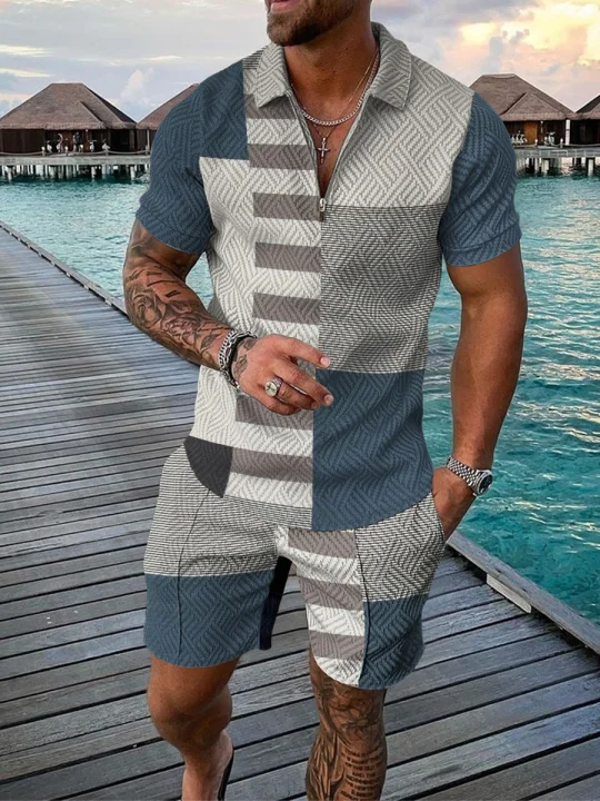 Summer Trend Plaid Stripes Print Men's Tracksuit Casual Zipper Collar Polo Shirt And Shorts 2pcs Sets Man Clothing