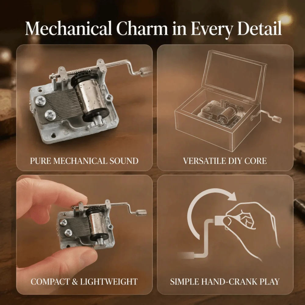 Silver-Plated Metal Music Box Movement Visible Gear Clear Sound Music Box Mechanism Hand Crank Mechanical Musical Movement