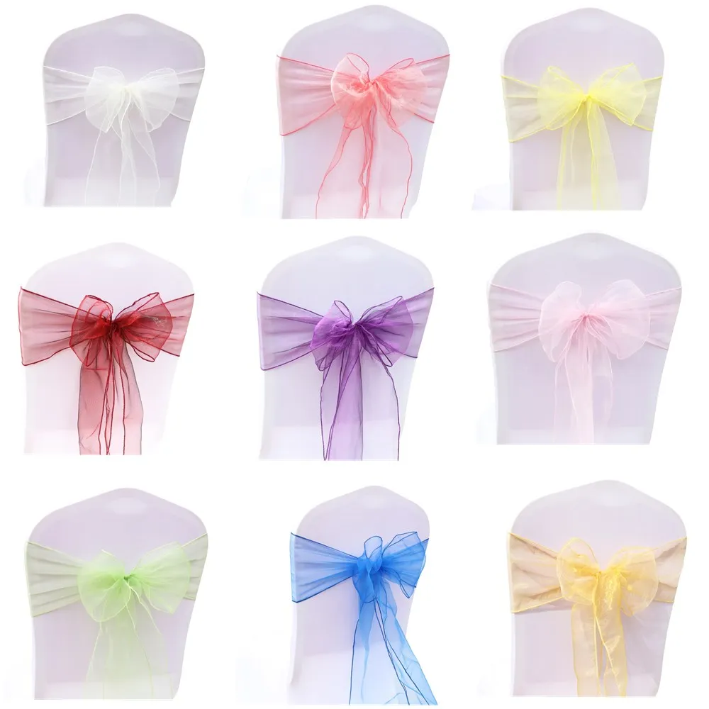 

Organza Chair Sashes 100pcs/Lot Chair Bows Wedding Chair Knot Decoration for Chair Cover Party Event Banquet Decors Chair Band