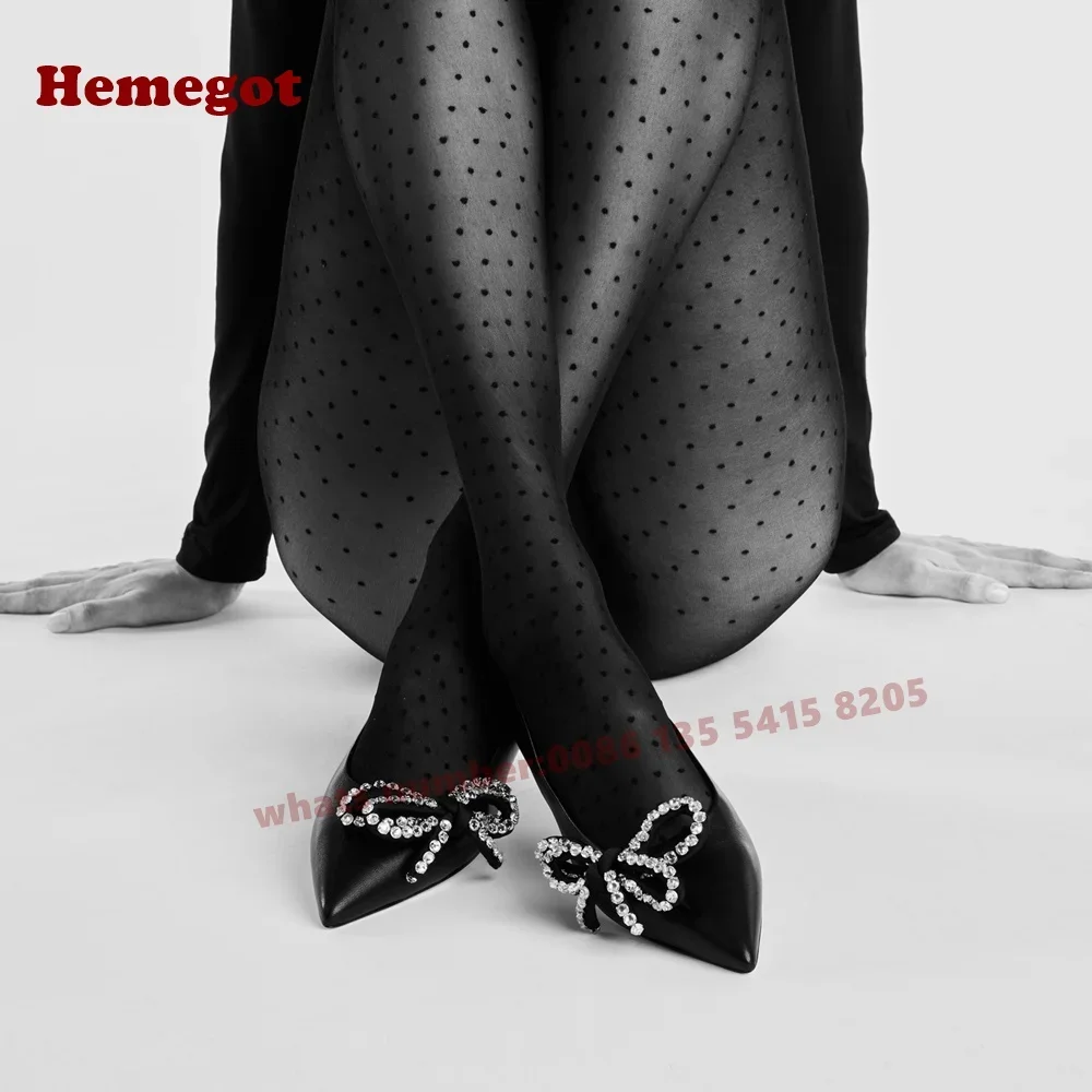 

Diamond Bows Shallow Pumps Pointy Toe Rhinestones Thin High Heels Women's Pumps Summer Black 2025 New Solid Satin Sexy Shoes