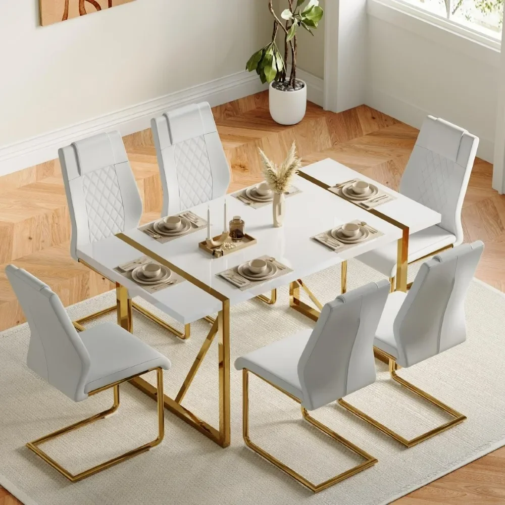 Conjunto de 7 peças para sala de jantar, conjunto de mesa de jantar moderna para 6 pessoas com estrutura de metal e assento acolchoado, tampo de mesa em laca para cozimento de piano.