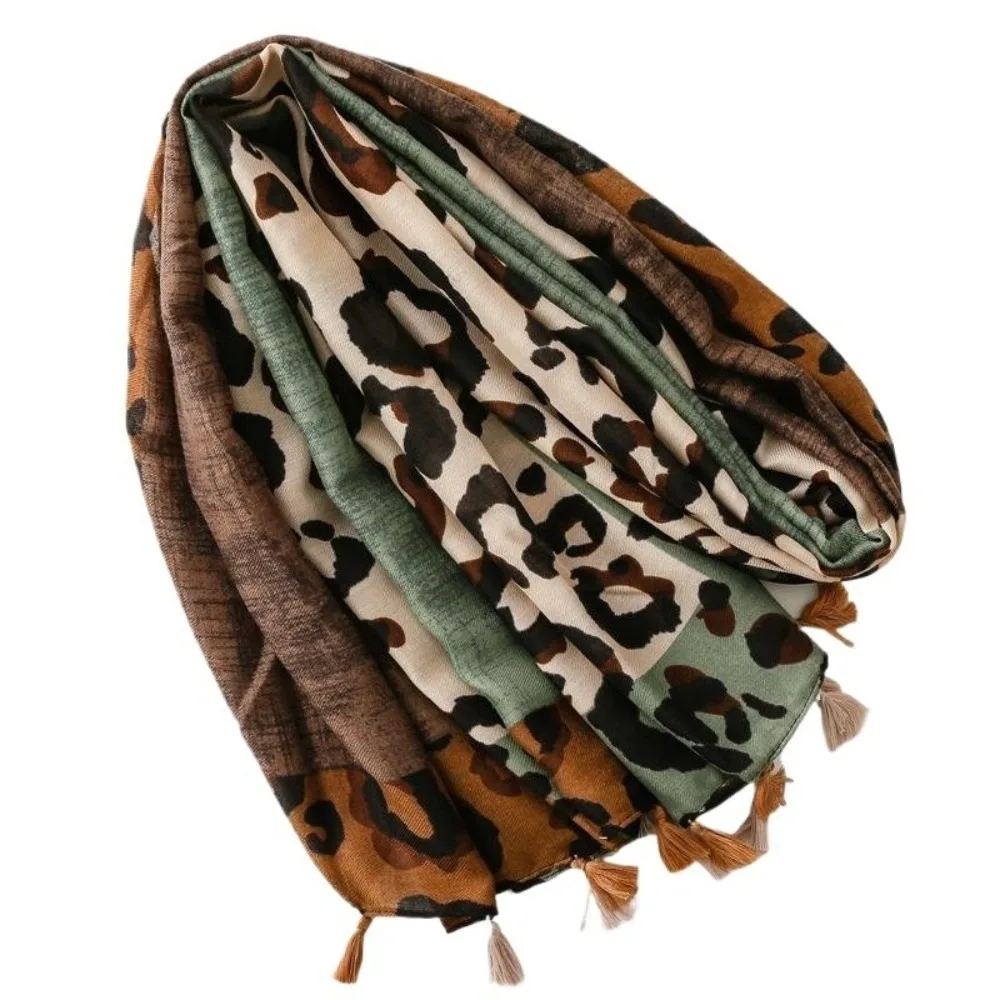 Fashion Color Block Leopard Print Scarf Cotton Linen Texture Soft Shawl Multicolor Pattern Patchwork Neck Scarf Daily Outfit
